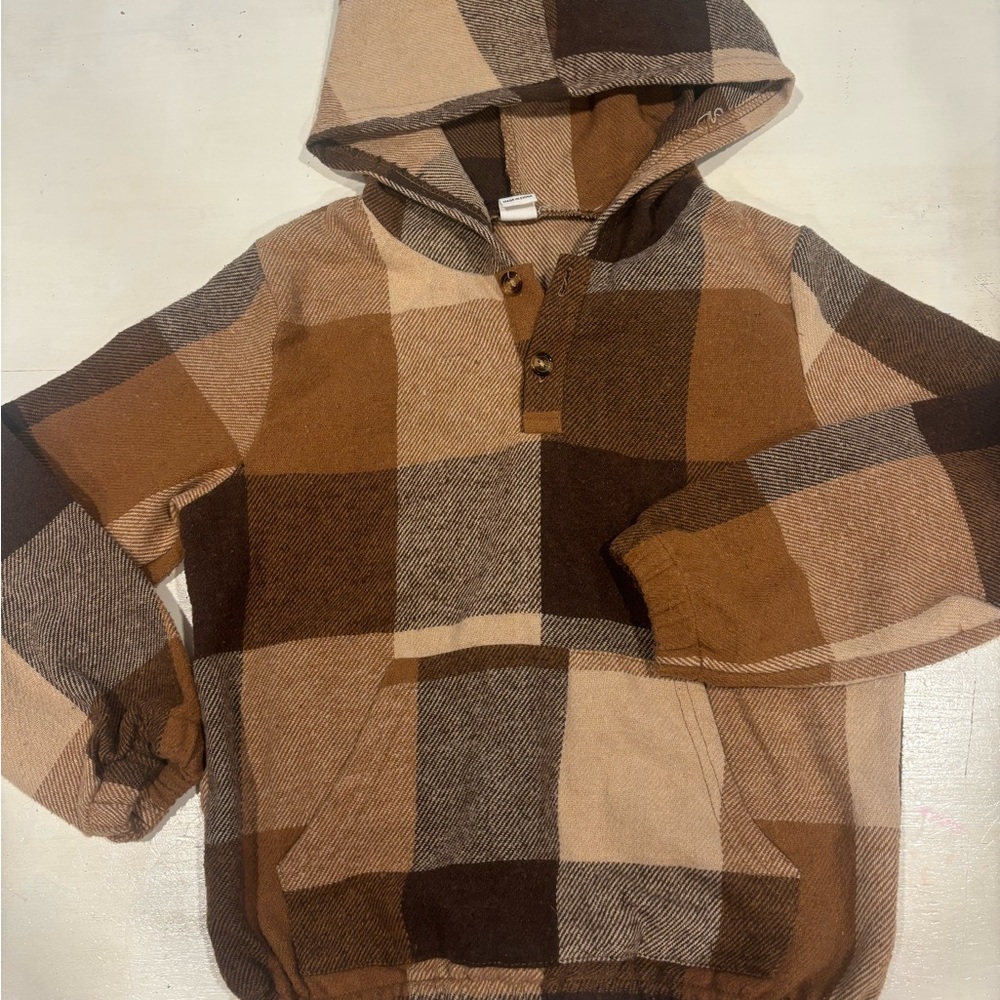 Boy 7Y Plaid Hooded Sweater -‎ Brown and Tan